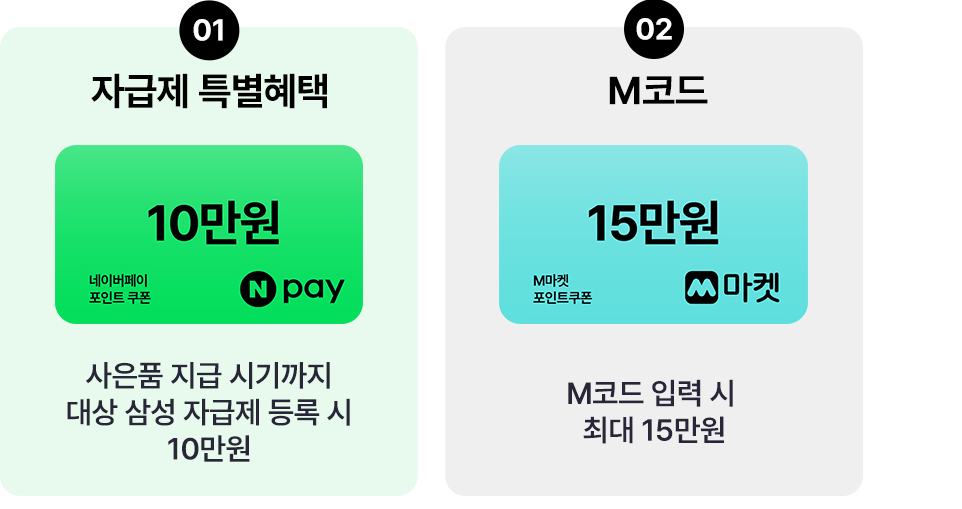 자급제 특별혜택 10만원 쿠폰 및 M코드 입력 시 최대 15만원 쿠폰 혜택 안내