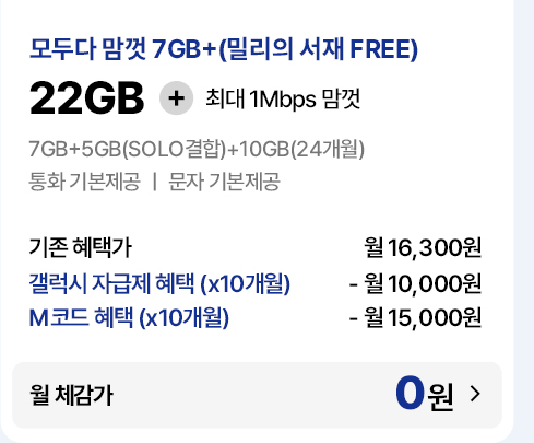 모두다 맘껏 7GB+(밀리의 서재 FREE) 요금제 기존 혜택가 및 자급제·M코드 결합 시 월 체감가 0원 안내
