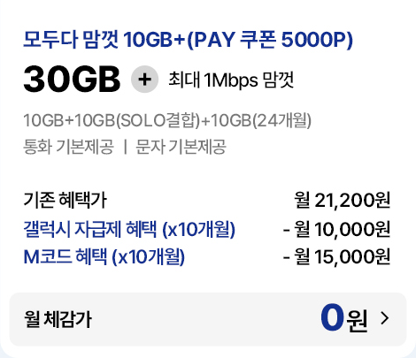 모두다 맘껏 10GB+(PAY 쿠폰 5000P) 요금제 기존 혜택가 및 자급제·M코드 결합 시 월 체감가 0원 안내