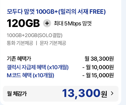 모두다 맘껏 100GB+(밀리의 서재 FREE) 요금제 기존 혜택가 및 자급제·M코드 결합 시 월 체감가 13,300원 안내