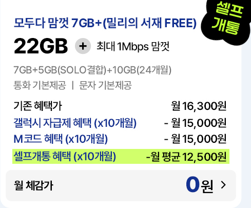 모두다 맘껏 7GB+(밀리의 서재 FREE) 요금제 기존 혜택가 및 자급제·M코드 결합 시 월 체감가 0원 안내