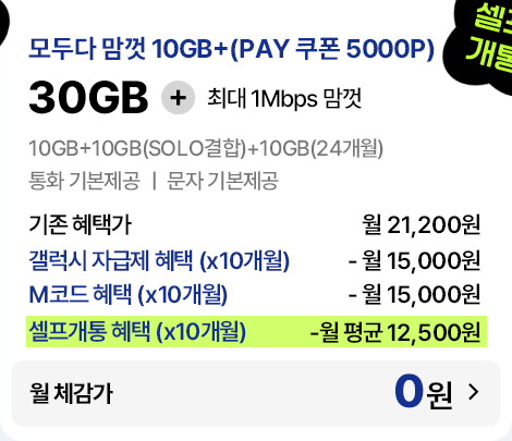 모두다 맘껏 10GB+(PAY 쿠폰 5000P) 요금제 기존 혜택가 및 자급제·M코드 결합 시 월 체감가 0원 안내