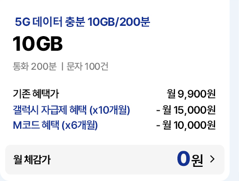 5G 데이터 충분 10GB/200분 요금제 기존 혜택가 및 자급제·M코드 결합 시 월 체감가 0원 안내