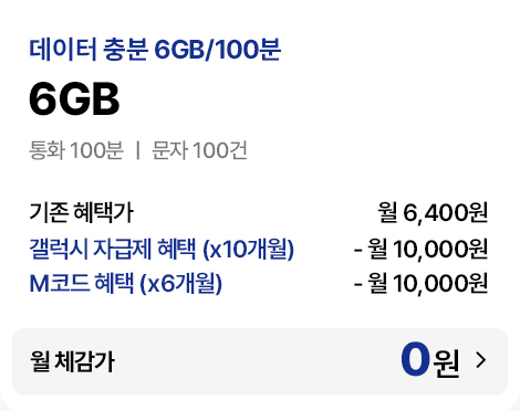 데이터 충분 6GB/100분 요금제 혜택