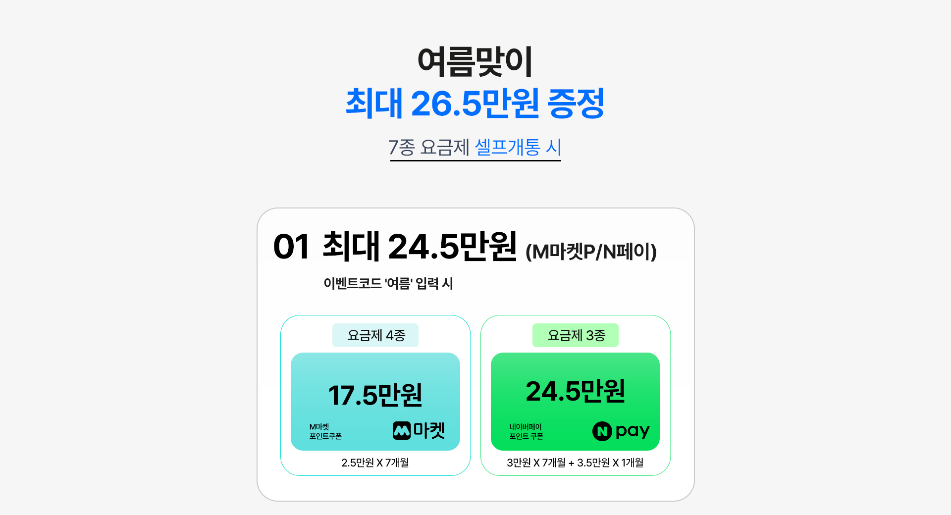 여름맞이 7종 요금제 셀프개통 최대 26.5만원 증정