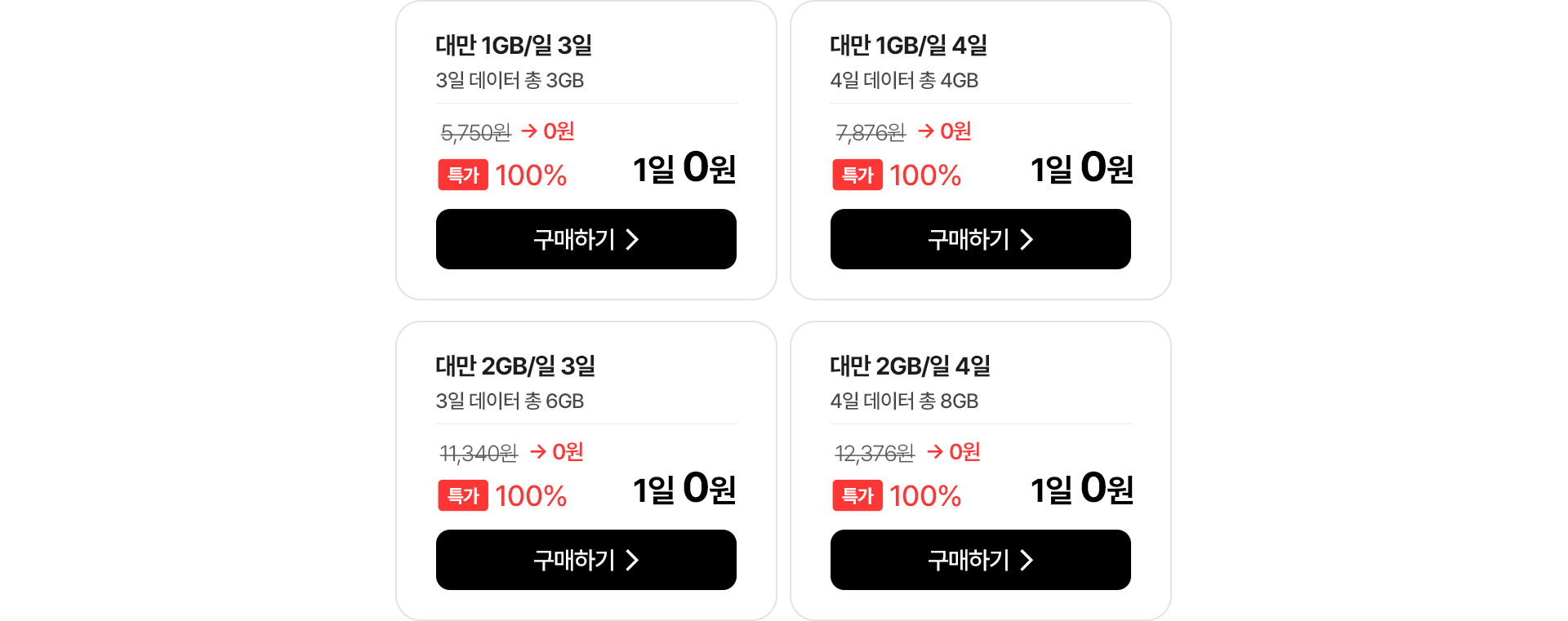 대만 1GB/2GB 매일 무제한 요금제 100% 특가 0원 안내