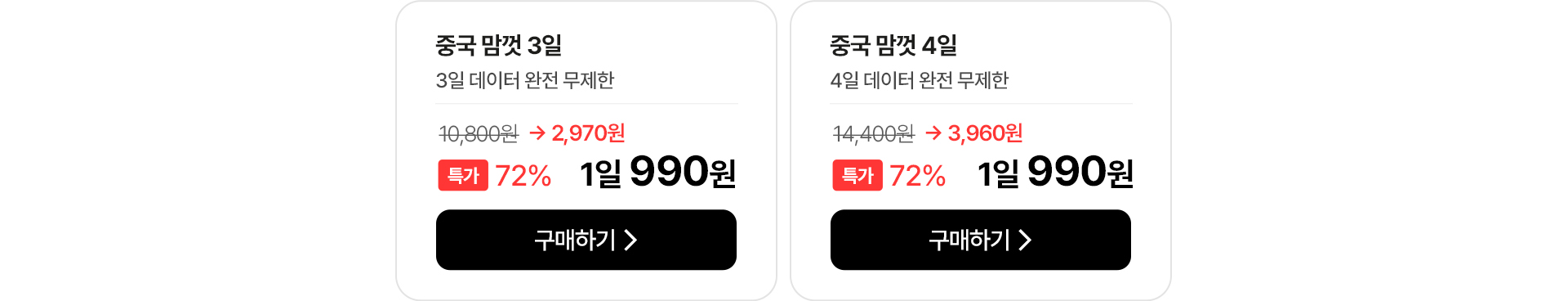 중국 맘껏 3일/4일 데이터 완전 무제한 특가 안내