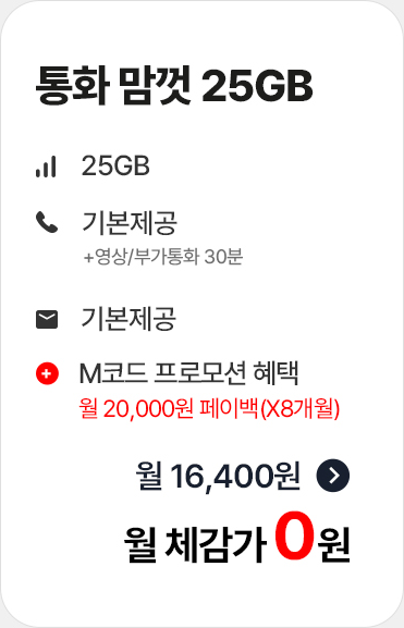 통화 맘껏 25GB 월 체감가 0원