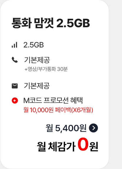 통화 맘껏 2.5GB 월 체감가 0원