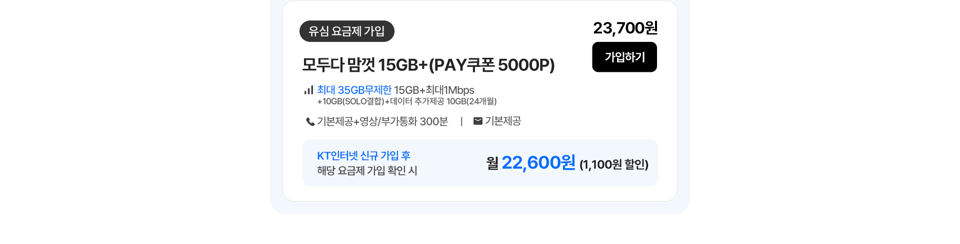 5G 모두다 맘껏 안심 15GB+ 유심 요금제 가입 및 할인 혜택 안내