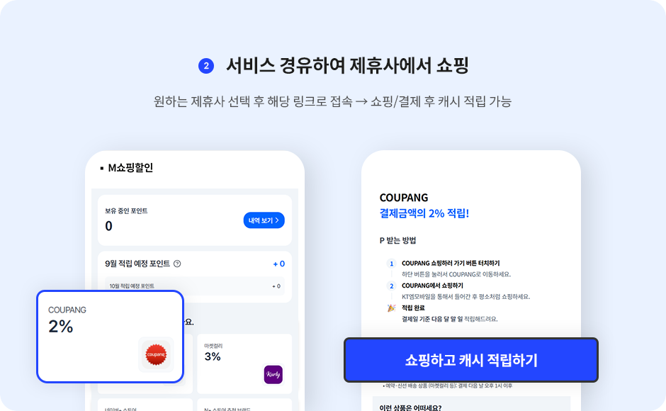 M쇼핑할인 서비스 경유하여 제휴사 쇼핑, 원하는 제휴사 선택 후 해당 링크로 접속 → 쇼핑/결제 후 캐시 적립 가능
