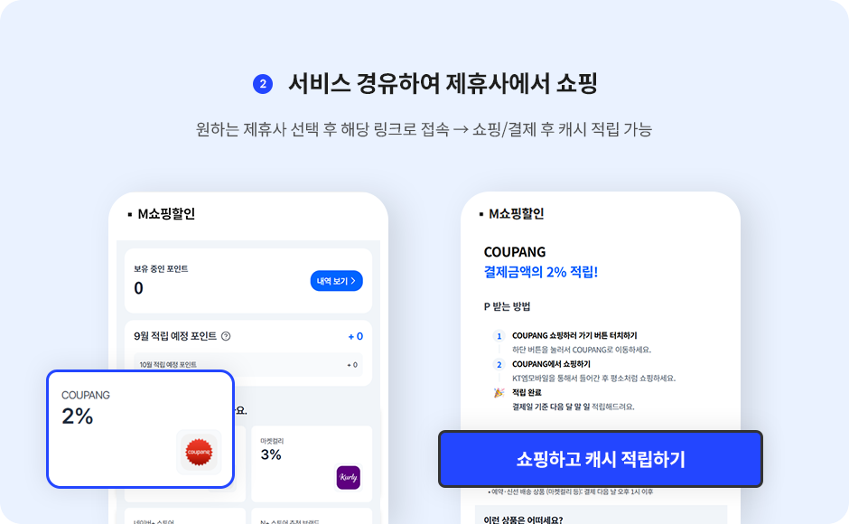M쇼핑할인 서비스 경유하여 제휴사 쇼핑, 원하는 제휴사 선택 후 해당 링크로 접속 → 쇼핑/결제 후 캐시 적립 가능